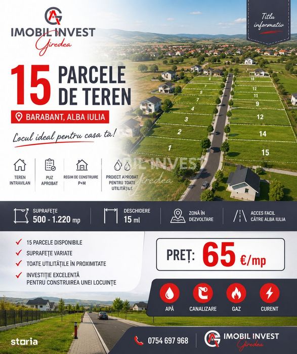 15 parcele teren intravilan Barabant|PUZ aprobat| 500 la 1.220 mp