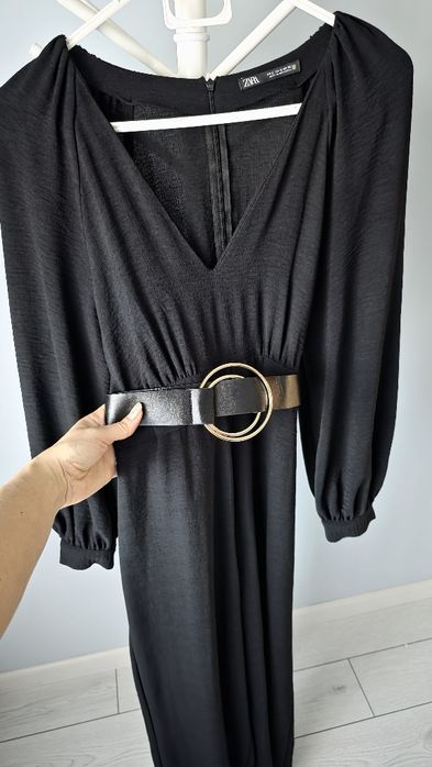 Salopeta neagră Zara, curea din piele ecologica, catarama aurie, S