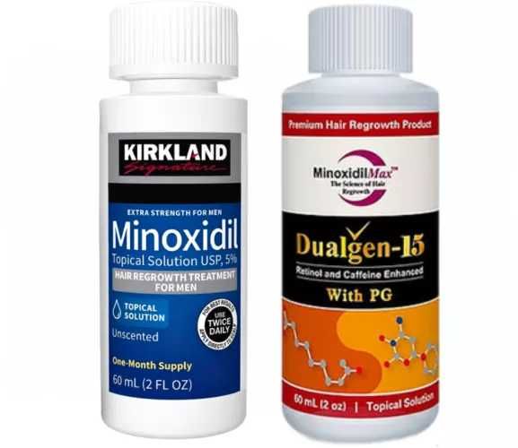Minoxidil Dualgen 15% Cu PG + Minoxidil Kirkland 5%, 2 luni aplicare