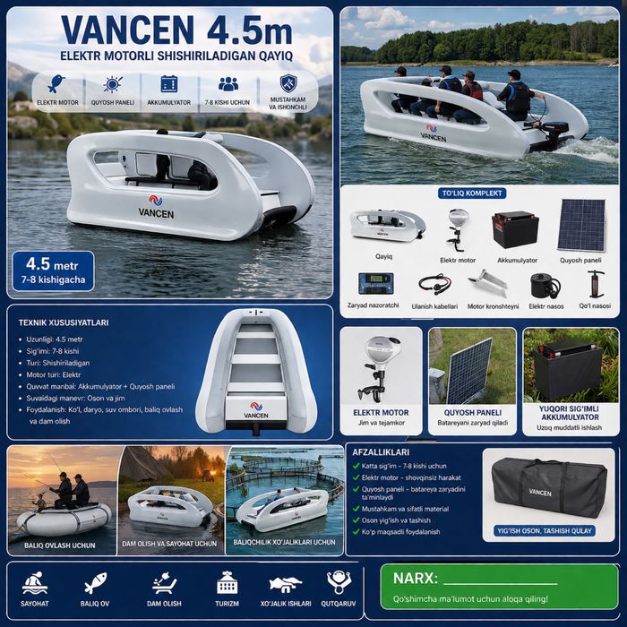 Новый надувной катер VANCEN 4,5 м с электрическим мотором