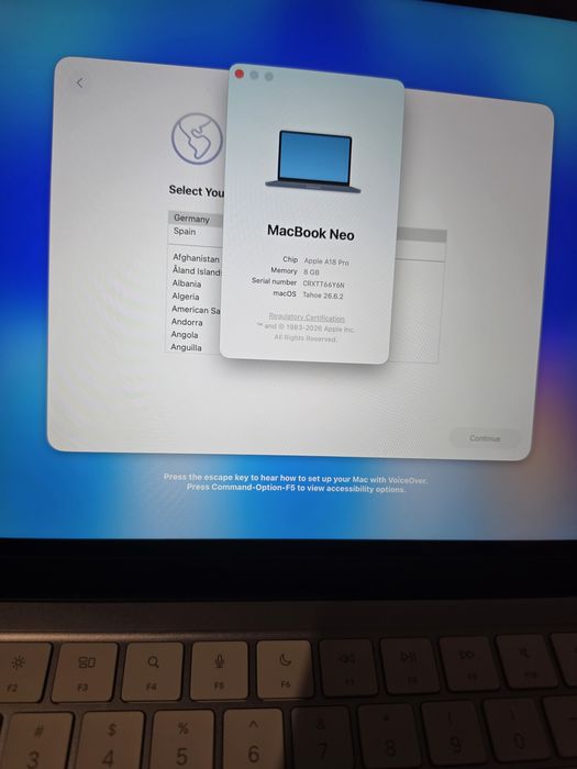 Laptop APPLE MacBook Neo 13, Apple A18 6-core CPU, 13" Retina Display, 8GB, SSD 256GB Indigo Blue Factură/Garanție