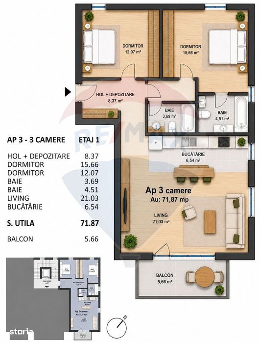 Apartament cu 3 camere de vânzare - zona semicentrală -Mărăști