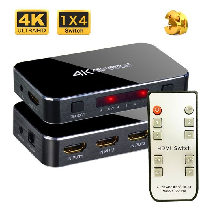 HDMI 4x1 Splitter 4K Ultra HD 2160P + audio + пульт