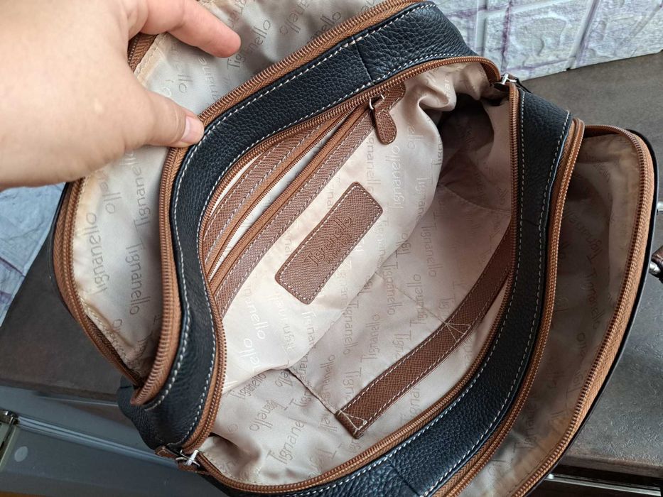 дамска чанта,TIGNANELLO,черна/кафява торба-естествена кожа