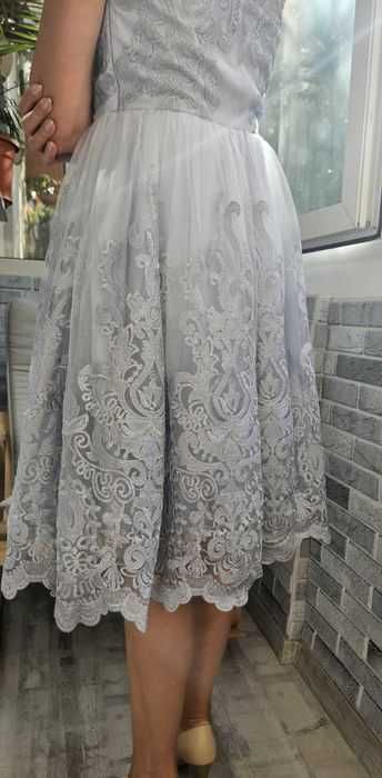 Rochie A-Line, Gri,Dantela,Lungime medie, mâneca scurta,cu sutien/cupe