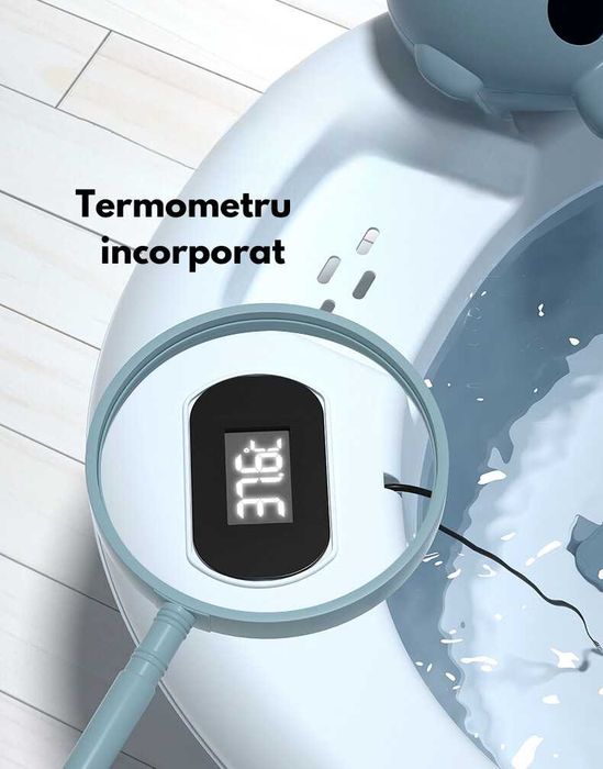 Cădiță pliabilă bebe / bebeluși, cu termometru digital, perniță suport și jucării ROZ- NOUĂ