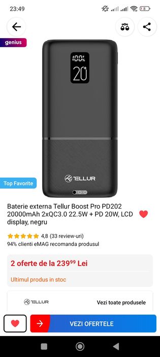 Baterie externa Tellur Boost Pro PD202 20000 mAh Samsung Apple Iphone
