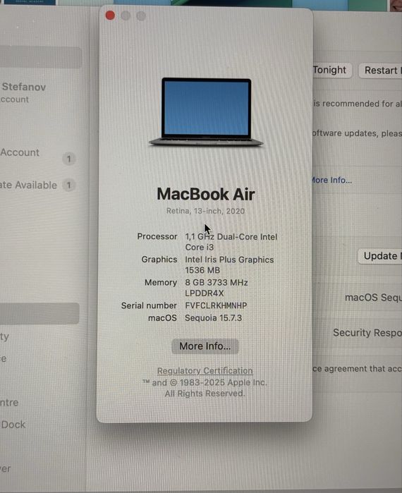 Macbook Air 2020 13” A2179 256 GB Intel Core i3 8GB