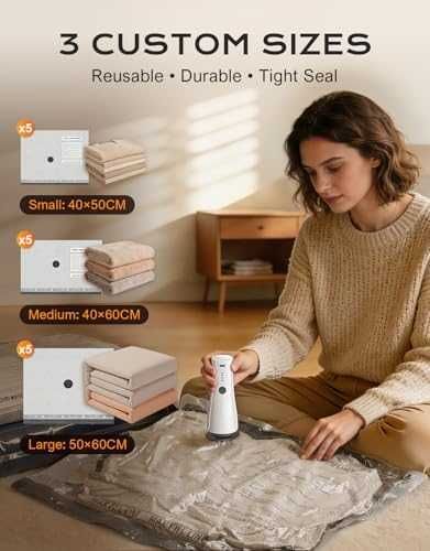 Нов Комплект вакуумни торби 15 броя с електрическа помпа 3 размера за багаж дрехи