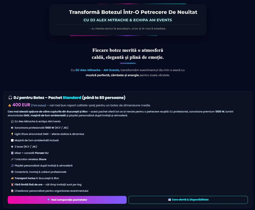 DJ Nunta 500E Botez 400E - Pachet All Inclusive AM Events cu Contract