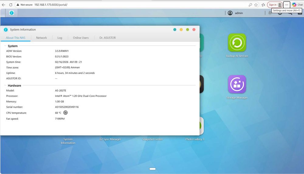 файлов сървър Asustor NAS AS202TE 2X 1TB WD RED