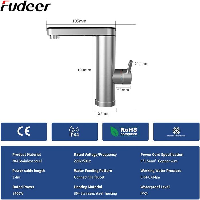 Електрическа Батерия Fudeer с Вграден Бойлер, 230V, 3.3Kw, Смесител за Баня с Дигитален Дисплей