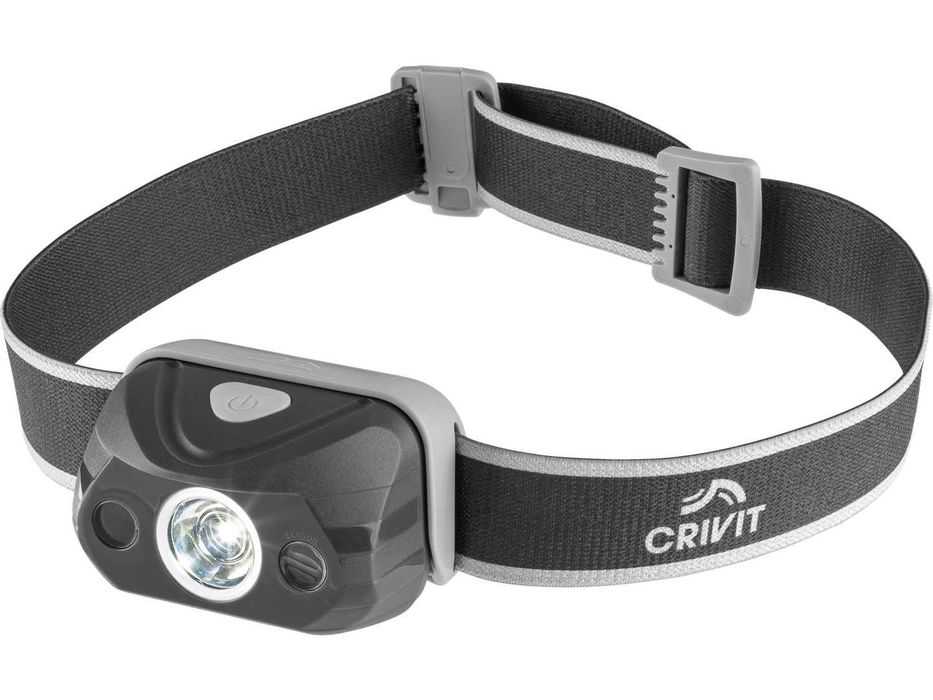 Lanterna frontala pentru pescuit, camping, trekking, vanatoare; are acumulator pe USB, senzor si fluier; este noua, sigilata realizata in Germania