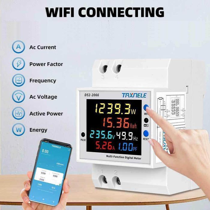 Wi-Fi контролен електромер за DIN шина 100A, TUYA