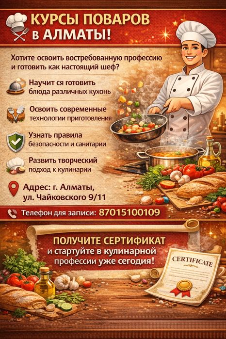 Обучение поваров и кондитеров с выдачей сертификатов!