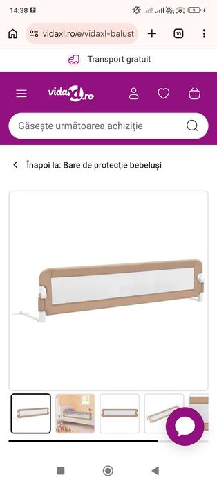 Balustradă protecție pat copii, gri taupe, 150x42 cm, Nouă!