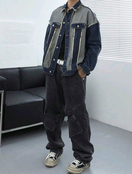 Ново мъжко карго дънково яке риза Street Style деним памук L
