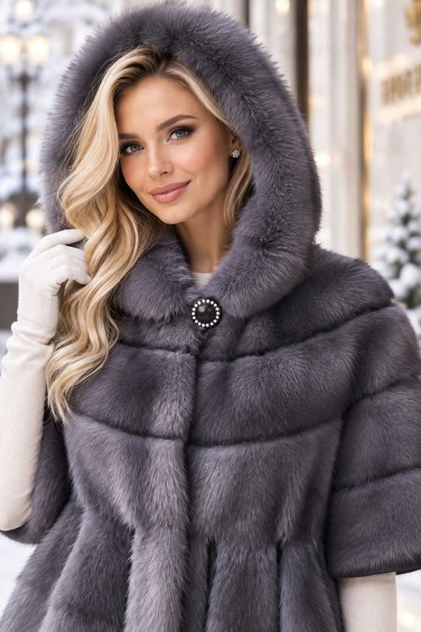 Haină de Nurcă Naturală Premium , Vizon , Blană de Lux , Culoare Exclusivă Gri , Mărime L–M