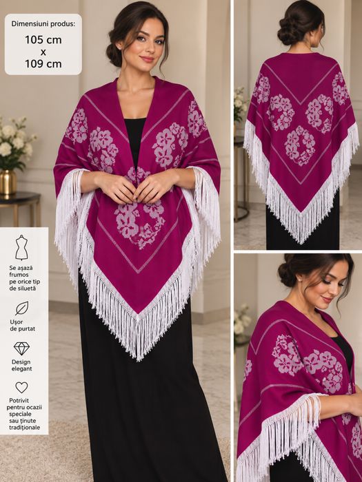 Șal tradițional fucsia cu broderie și franjuri albe