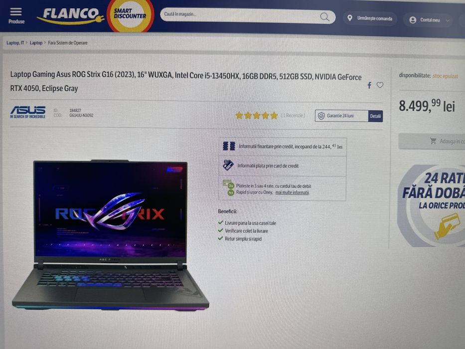 Asus ROG Strix G16 I5-13450HX 16GB 512GB SSD RTX4050 nou cu garantie