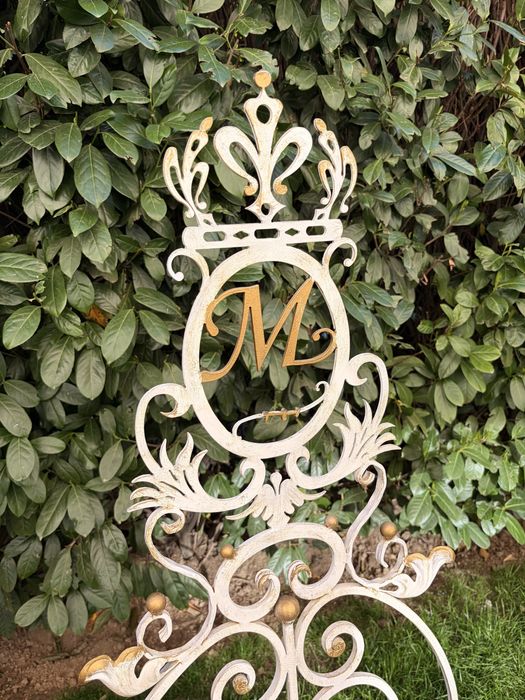 Метален градински стол, стилен, бял и златист