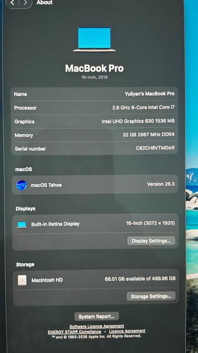 MacBook Pro 16” 2019 • Intel i7 • 32GB RAM • 512GB SSD