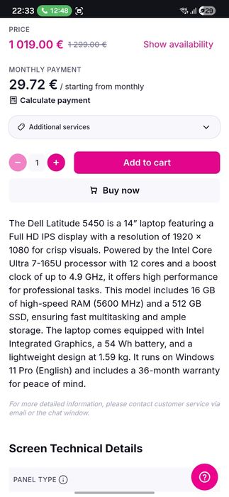 Vând Dell Latitude 5450 14" Intel Ultra 7 165U 16GB 512GB SSD Win11Pro