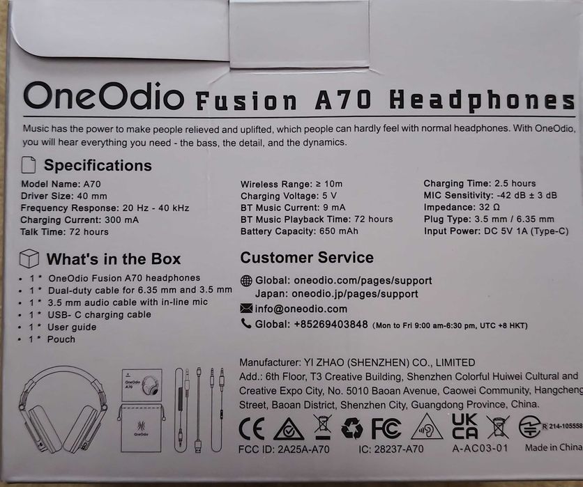 OneOdio Fusion A70 - 20 Hz - 40 kHz - si cu fir + si wireless, nou