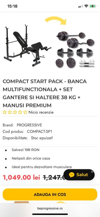 Bancă multifuncțională + set gantere și haltere 38 kg | Sală acasă completă