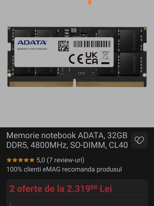 ADATA/ 32GB DDR5/4800MHz/SO-DIMM/CL40/Garanție
