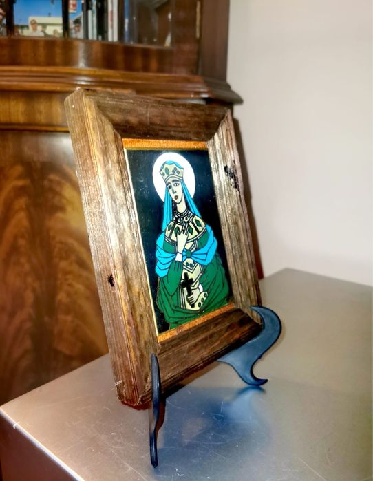 Антикварна икона емайлиран метал в дървена рамка ръчно изработена