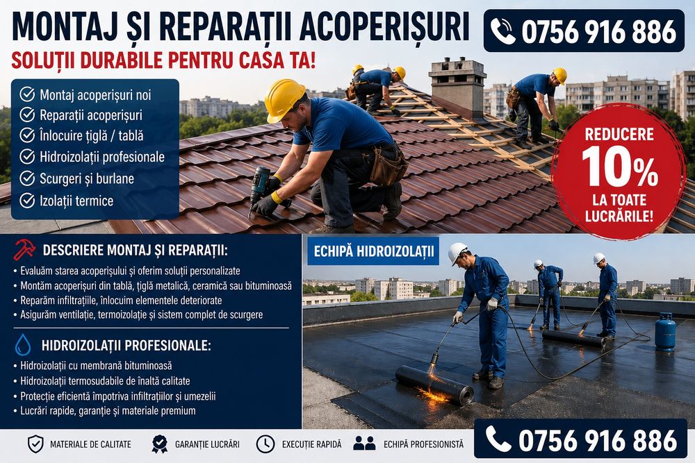 Acoperișuri și Mansardari sistem complet 
-dulgherie,mansardari, astereala
-montaj acoperis tigla metalica
Montaj invelitori țiglă metalică 
-reparati
