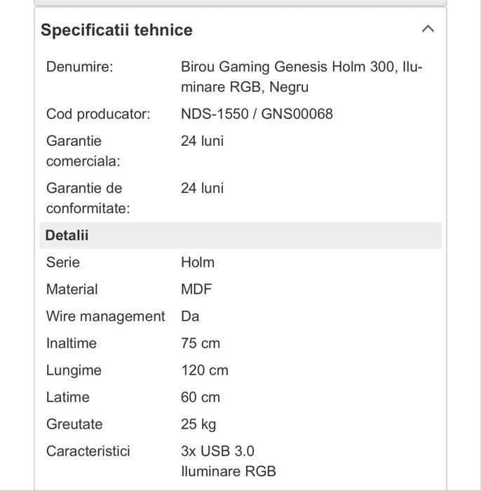 Birou Gaming Genesis Holm 300, Iluminare RGB, Negru