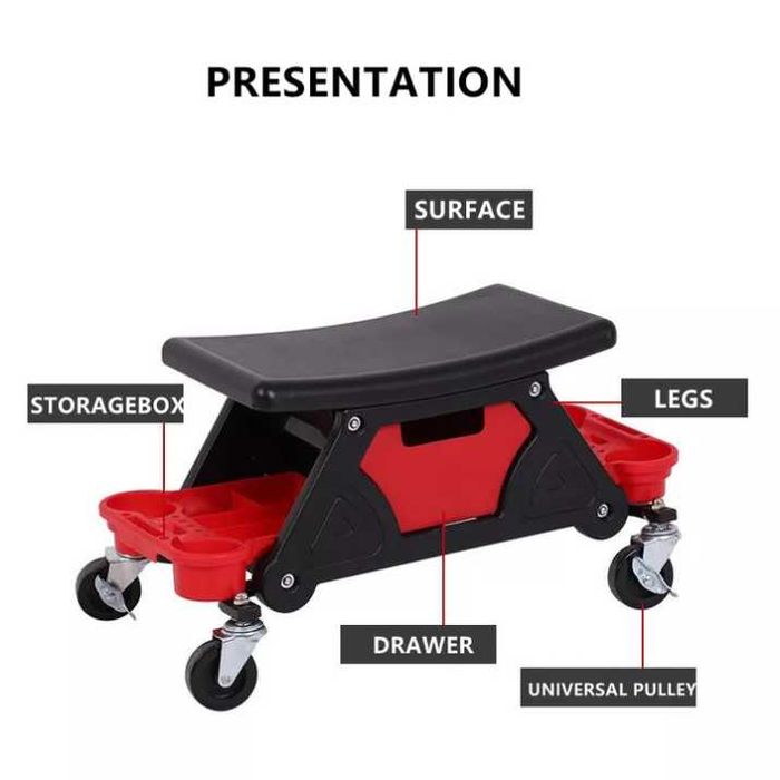 Седалка за механик, пластмаса, 136 кг, 3 тави за съхранение, червена