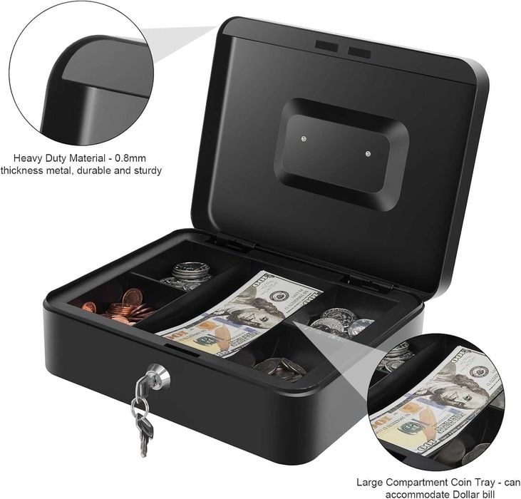 Cutie metalica pentru bani inchidere cu cheie si maner 30 x 24 x 9 cm