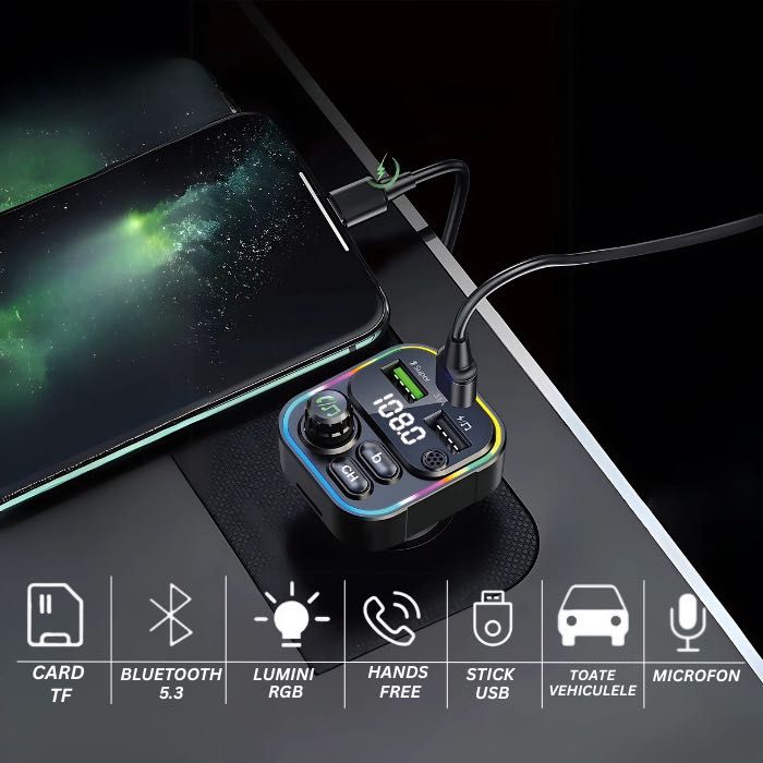 Modulator FM Bricheta NETSTAT® Bluetooth 5.3 QC3.0+PD20W RGB Negru