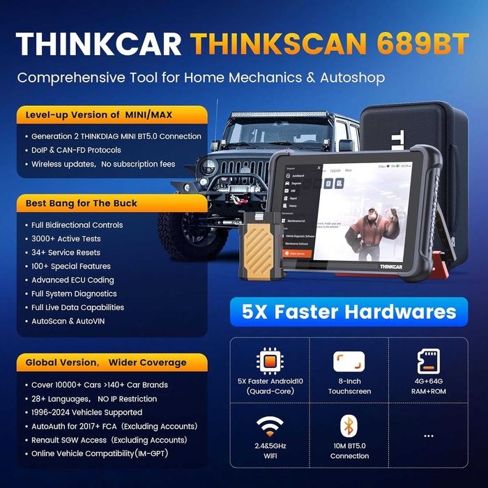 THINKCAR THINKSCAN 689BT – Tester auto profesional multimarca cu limba romana, scanner bidirectional Bluetooth, ecran 8"