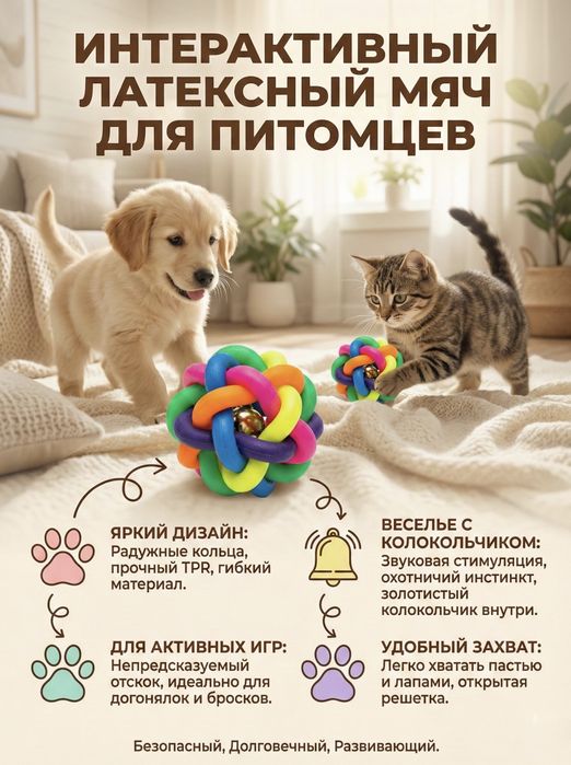Игрушка для собак и кошек, мяч плетеный с бубенчиком , 5см
