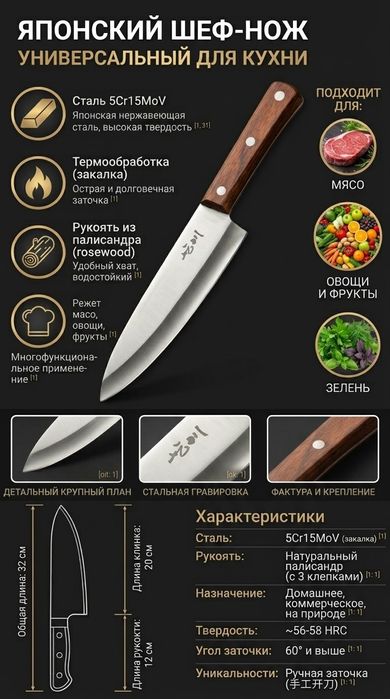 Кухонный шеф нож универсальный 20 см палисандр