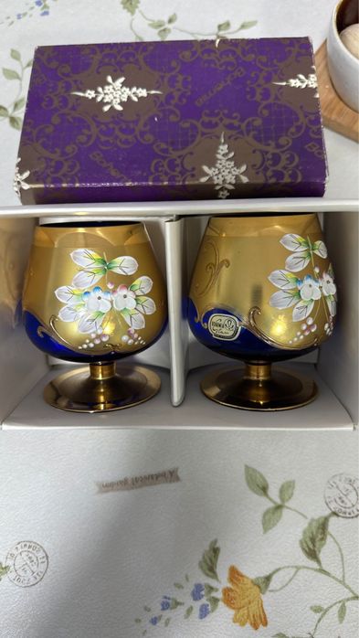 Бокалы , богемское стекло , Чехословакия, цвет кобальт позолота.