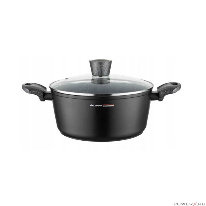 Oala din aluminiu cu invelis din marmura, cu capac din sticla, 20cm,