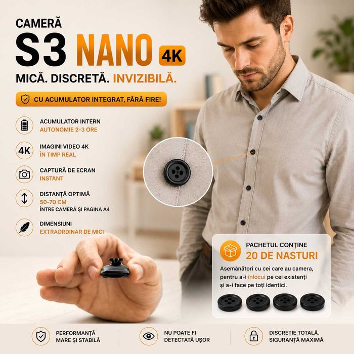 Casca de copiat - Casti de copiat Fara Fire - Camera Video in Nasture iCheat S3 Nano 4K UHD Mini