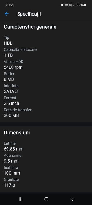 Vând HDD SATA 3 1TB  laptop