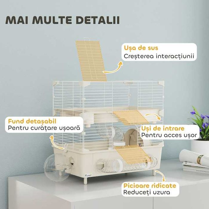 Cusca PawHut pentru Hamsteri cu 2 Nivele si 3 Usi, cu Roata si Tuburi, din Otel, PS si PP, 44.5x28x44 cm
