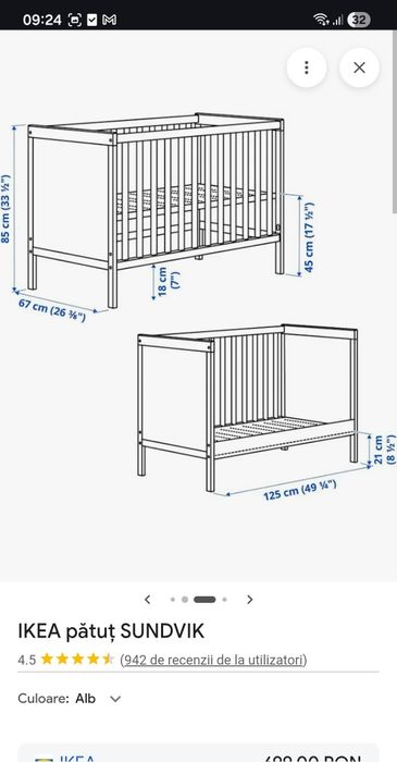 Pătuț bebeluși Ikea 120x60 cm Pat bebelusi copii