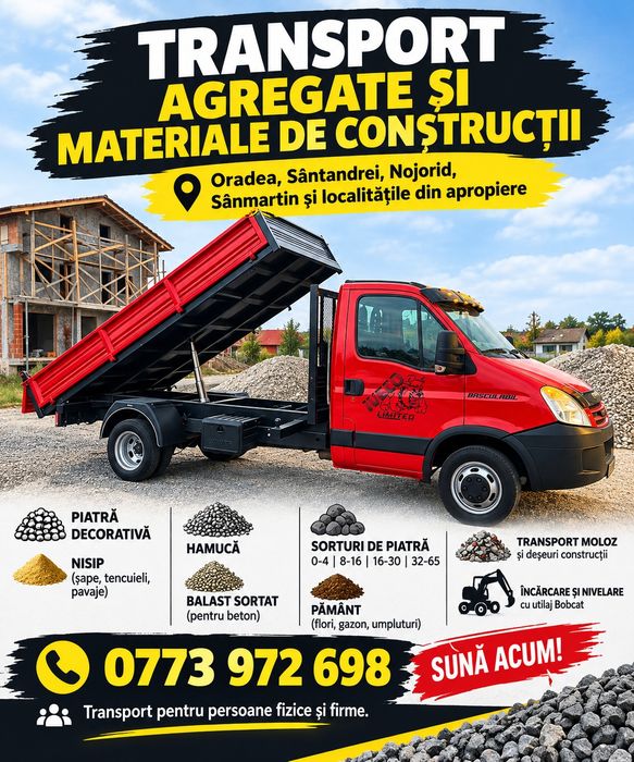 Transport de piatră decorativa, nisip , hamuca, pământ,balast, materiale de constructii,  moloz, pietriș