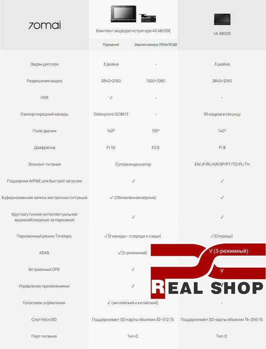 Видеорегистратор 70mai A810 SE, UltraHD, 4K, HDR +Задняя камера FullHD