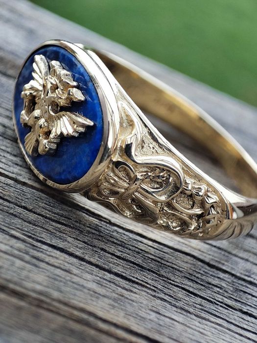 Inel aur Faberge 14k Lapis Lazuli ghiul aur barbatesc diplomat Frankli