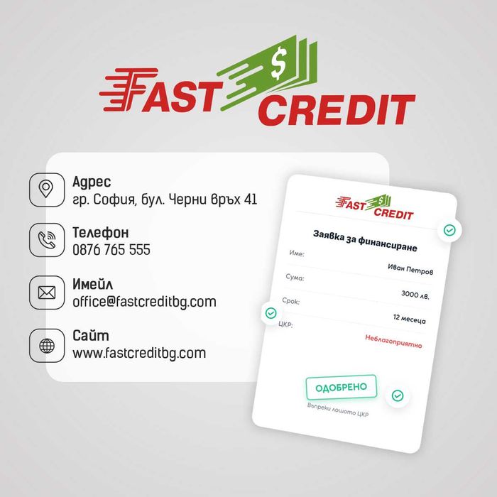 Бърз кредит с одобрение до минути – дори при лошо ЦКР!Бързи кредити.