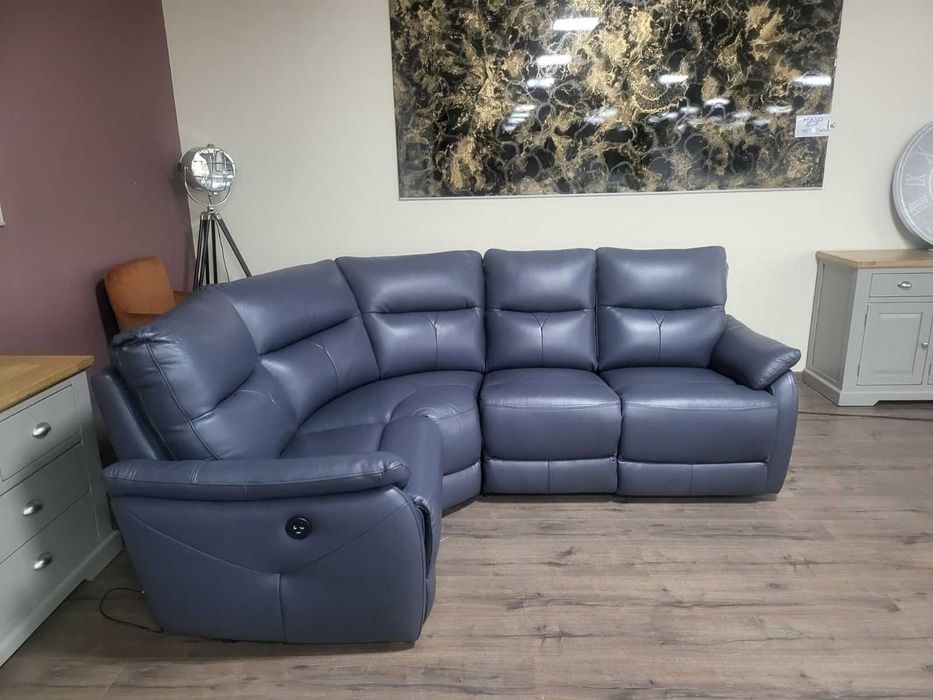 ПРОМОЦИЯ!!! Син кожен ъглов диван "Albion" с ел. релакс механизъм